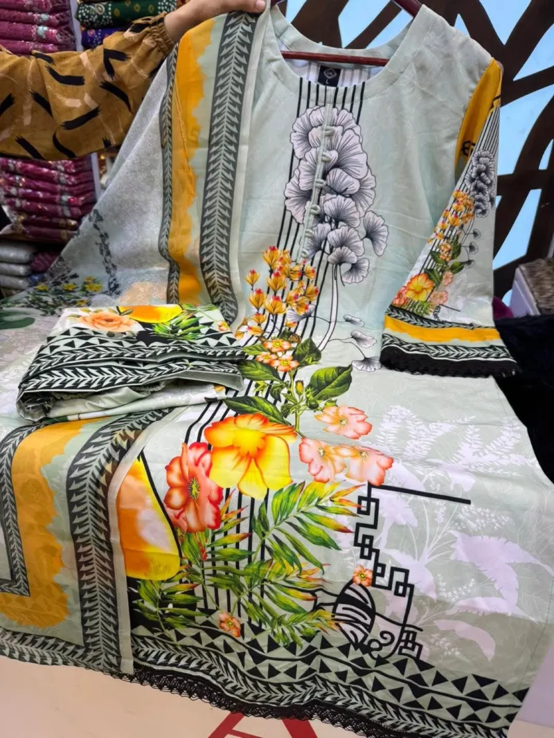 Readymade Digital Print Three Piece with Lace Work, 5 Colours