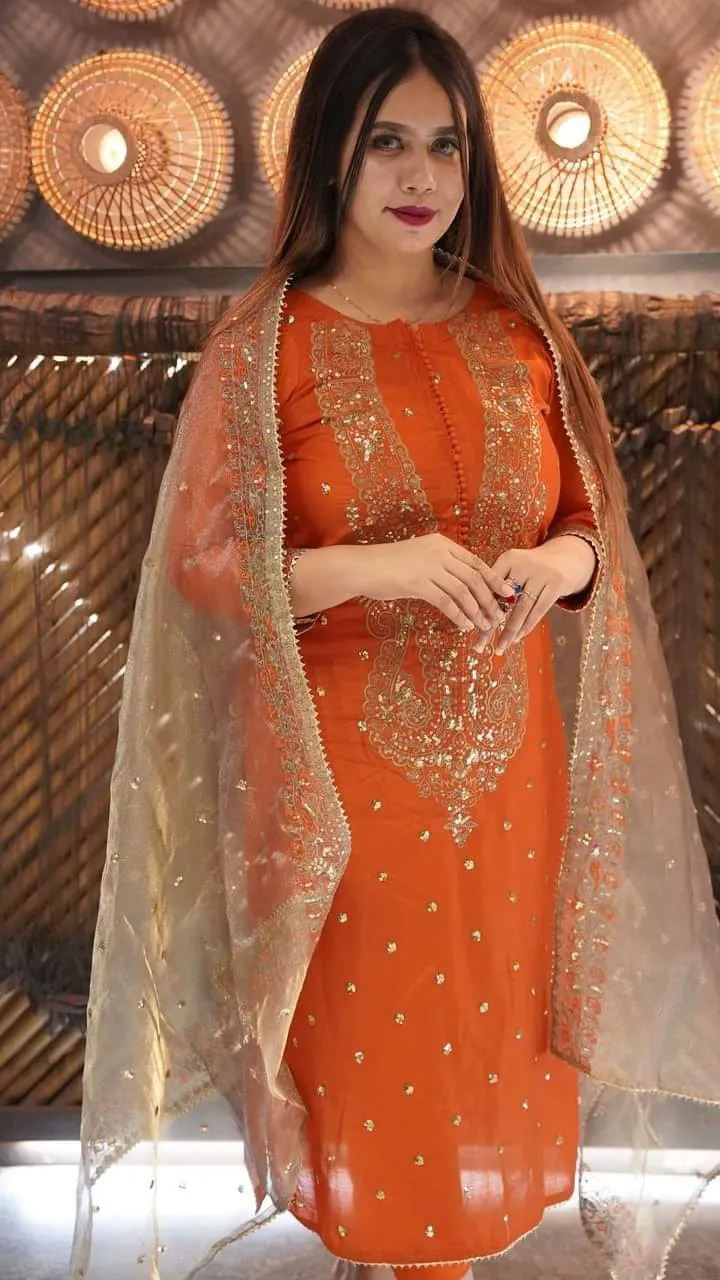 Readymade Sequin Embroidery AC Cotton Three Piece, Sizes 38, 42, 44