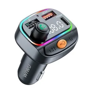 Wiwu MP3 Car 38W 3 Ports Black Car Charger (1xUSB-C & 2xUSB-A) with FM & MP3 Player