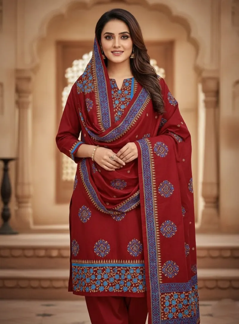 Unstitched Block Print Three Piece in Cotton Voile, 6 Colours