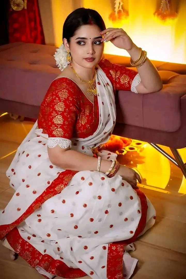 Women's White and Red Half Silk Saree for Pohela Boishakh