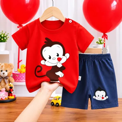 Playful Mind Monkey Art Print 2-Piece Boys' Summer Set - Red & Navy Blue