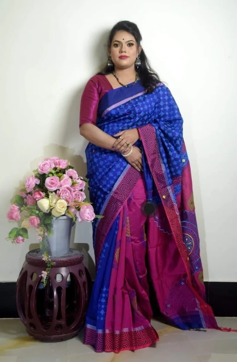 Women's Block Printed Dhupian Silk Saree, 6 Colour Choices