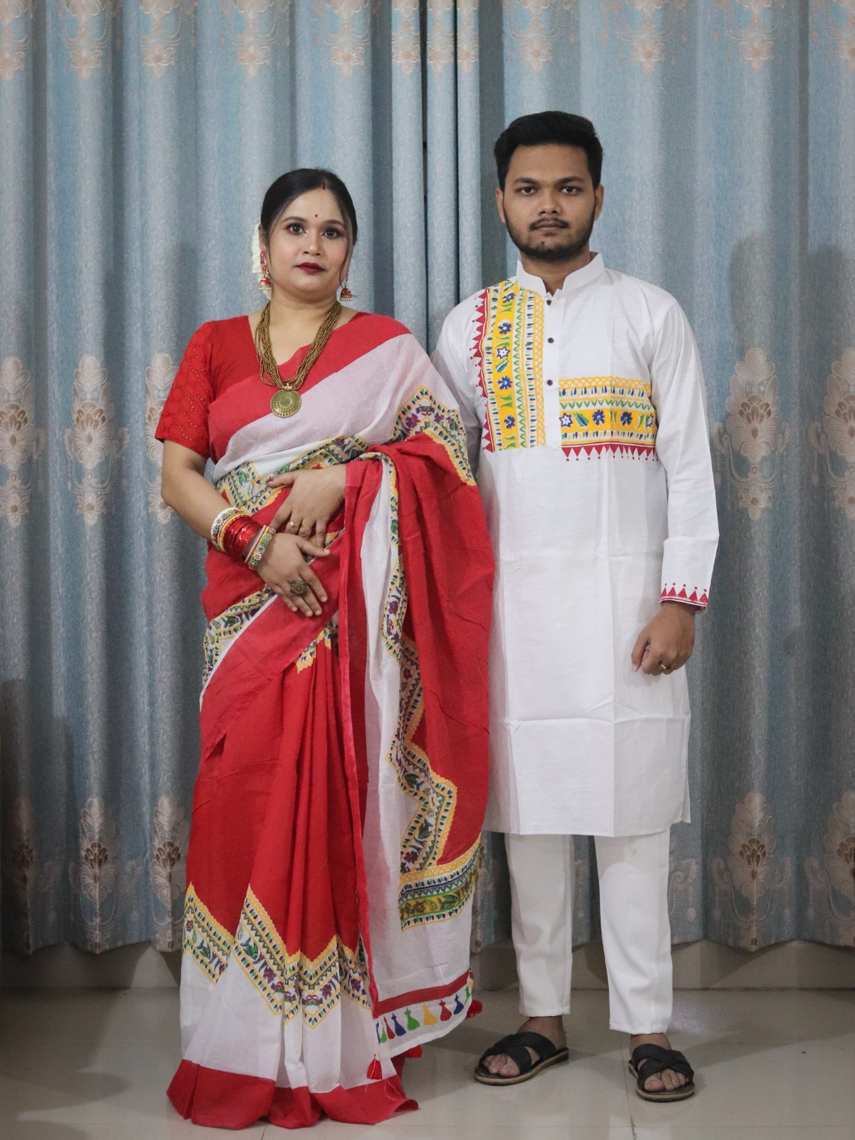 Half Silk Saree and Slub Cotton Panjabi Couple Set, No Blouse