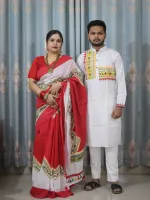 Couple Slub Cotton Panjabi and Half Silk Saree Set, 6 Colours