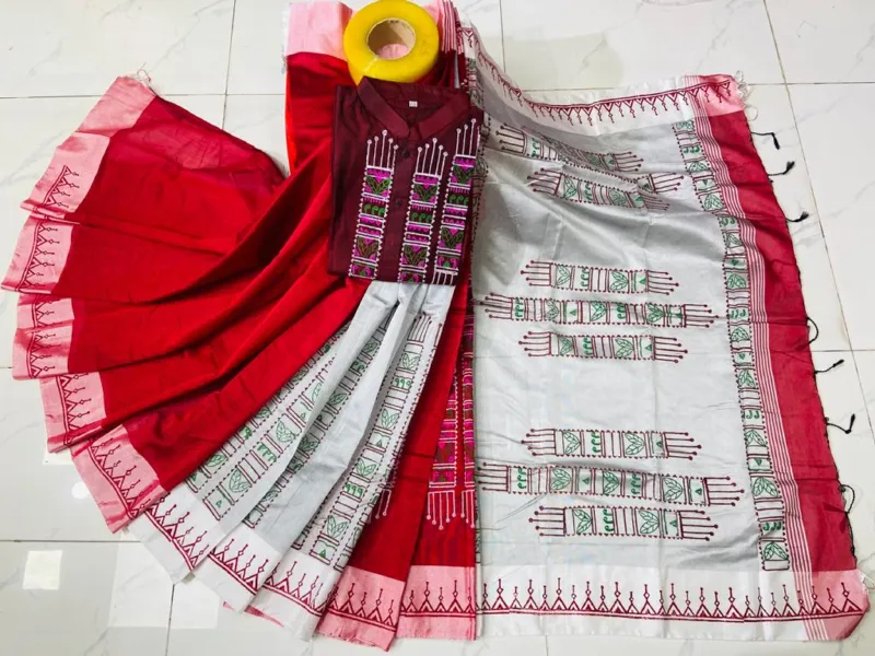 Block Print Couple Set, Dhupian Silk Saree and Panjabi, S to XL