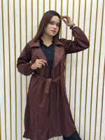 Women's Suede Leather Overcoat with Belt, 280 GSM