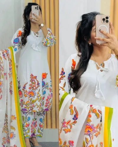 Readymade Micro Soft Digital Print Three Piece, Bindu Cotton Orna
