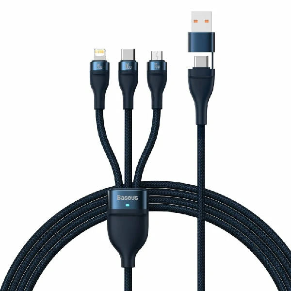 Baseus Two-for-three Fast Charging Cable (U+C to M+L+C) 100w- Blue