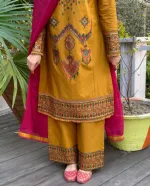 Women's Soft Cotton Embroidered Three Piece with Chiffon Orna