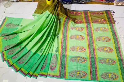Cotton Suti Saree with Block Print Work, 14 Haath