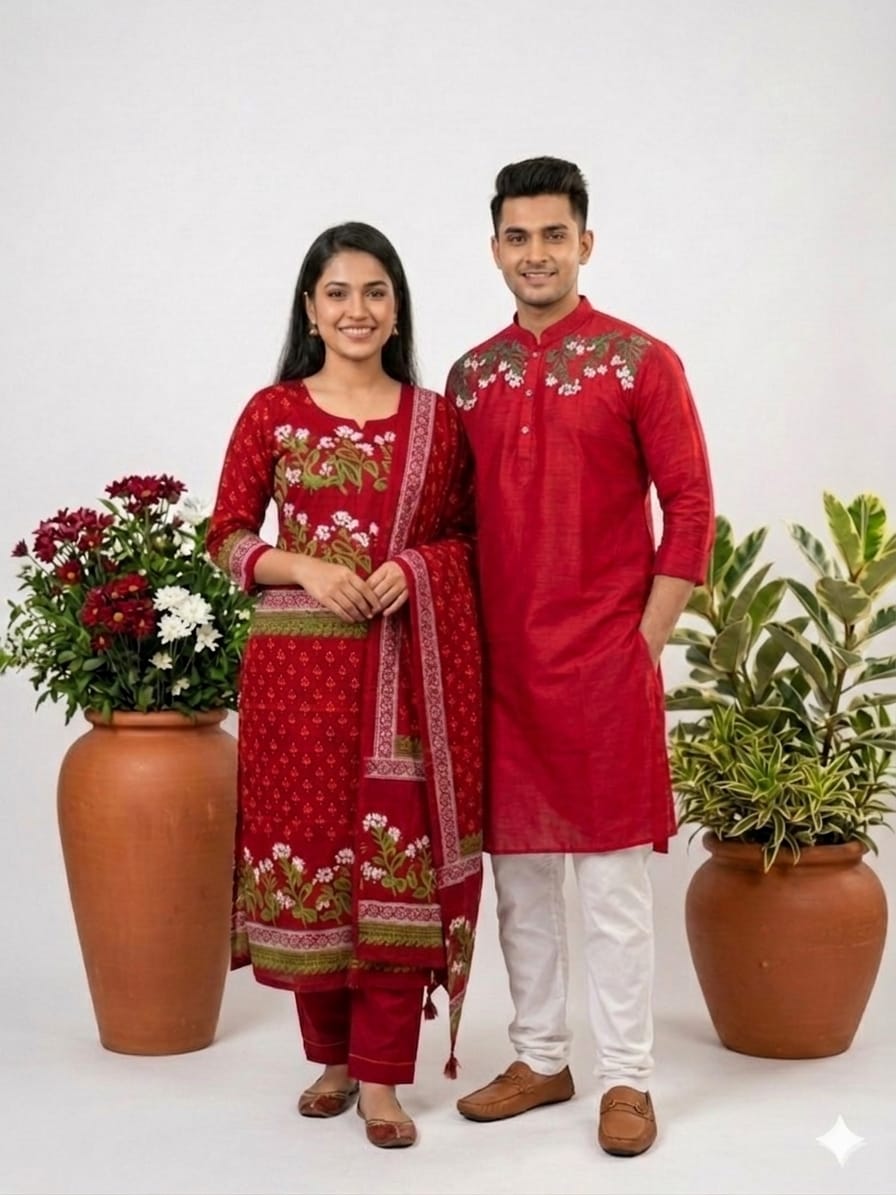 Couple Cotton Voile Three Piece and Dhupian Silk Panjabi Set
