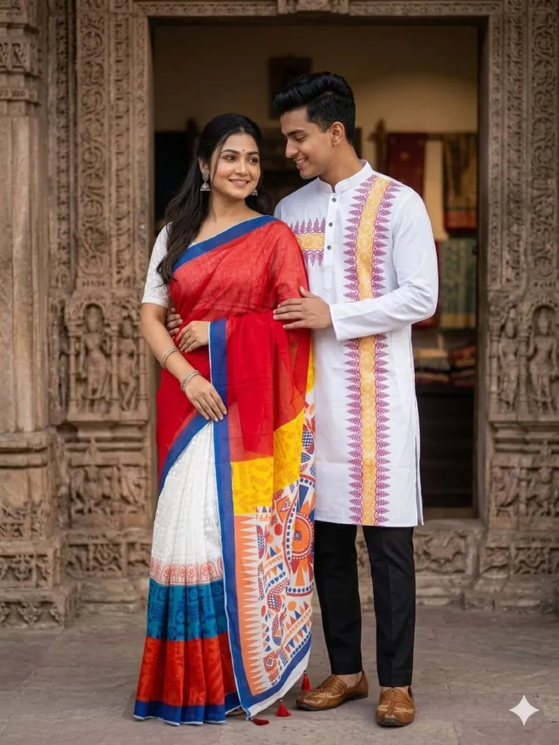 Matching Saree Panjabi Couple Set with Screen and Digital Print