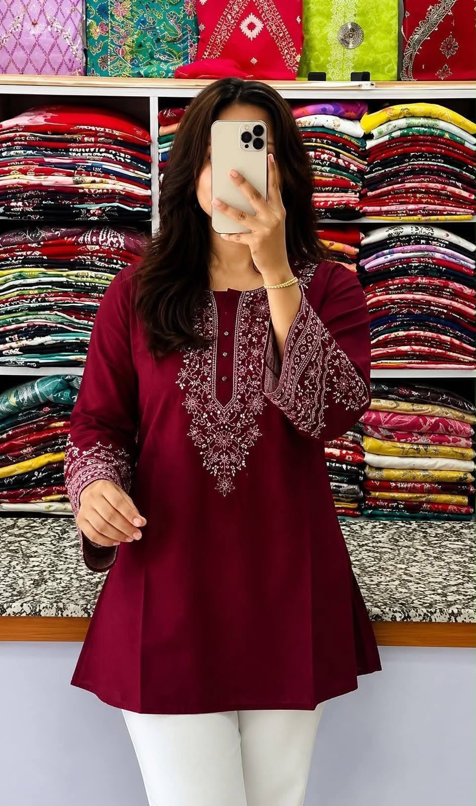 Women's Linen Short Kurti with Neck and Sleeve Embroidery