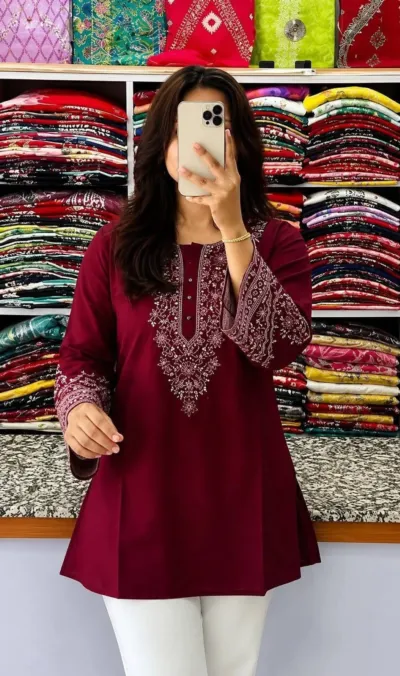 Women's Linen Short Kurti with Neck and Sleeve Embroidery