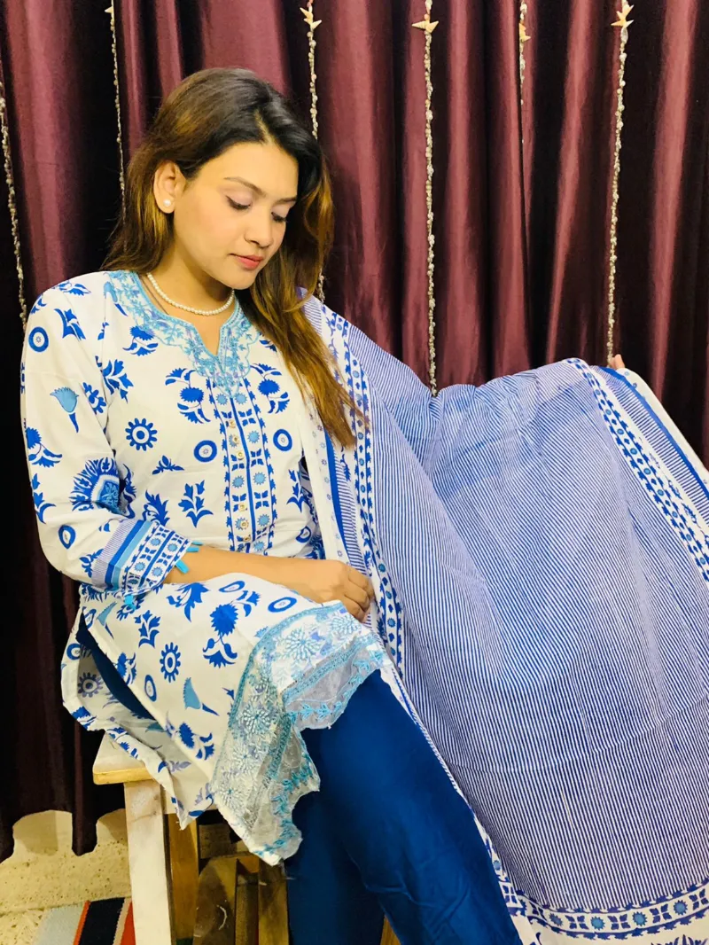 Cotton Skin Print Three Piece with Neck Embroidery, Body 42 and 44