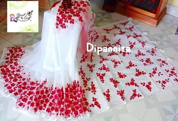 Half Silk Saree with Hand Brush Print, 12 Haath Length