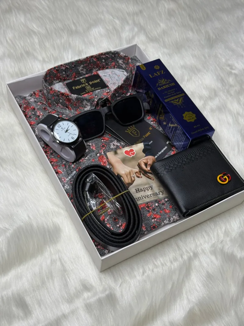 Men's Cotton Shirt Gift Set with Watch, Perfume and Gift Card