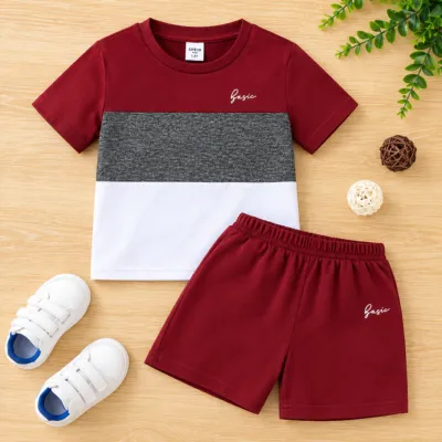 Classic Maroon Color-Block Boys' Summer Two-Piece Set