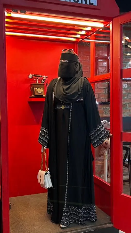 Women's Cherry Abaya with Koti, Hijab and Belt, Stone Work
