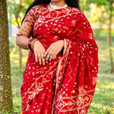 Premium Deep Red and Golden Zari Block-Print Cotton Saree