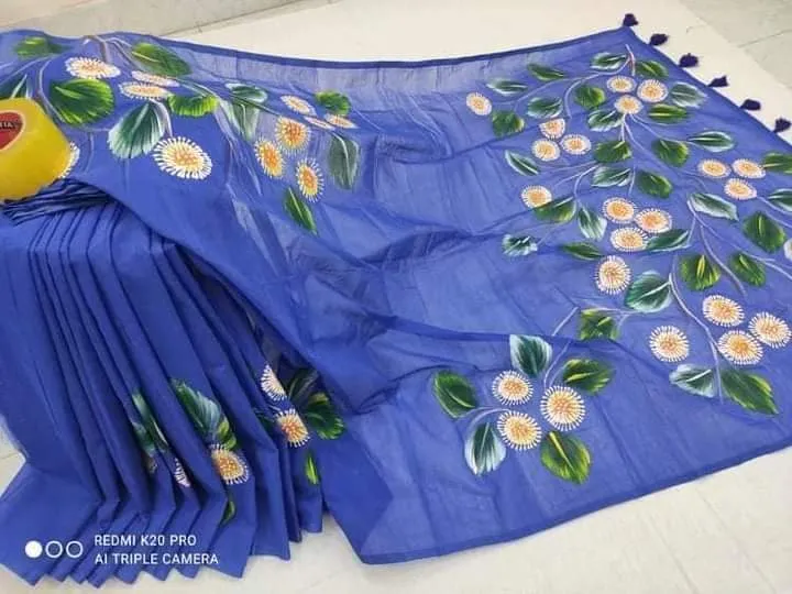 Women's Half Silk Saree with Hand Print Work, 6 Colours
