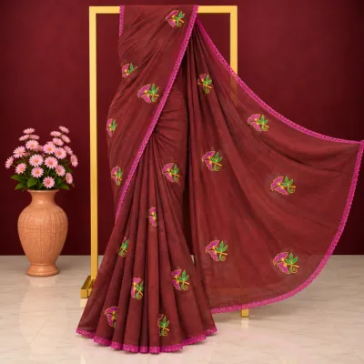 Deep Maroon Cotton Saree with Embroidery & Pink Lace Border