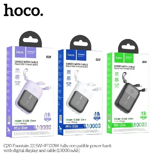 Hoco Q20 Fountain 10000mAh 22.5W PD Mini Fast Charging Power Bank With Digital Display