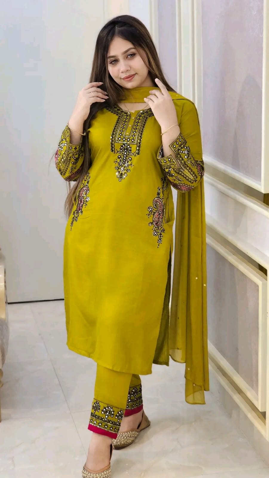 Women's Linen Sequin Three Piece with Butter Silk Panel Salwar