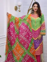 Women's Cotton Three Piece with Butter Silk Salwar, 3 Colours