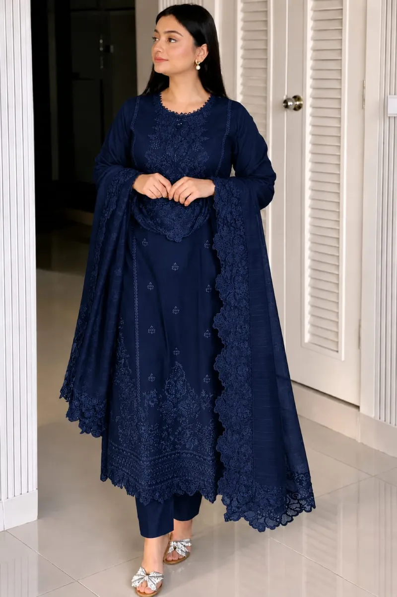 Women's Soft Cotton Embroidery Three Piece with Lace Georgette Orna