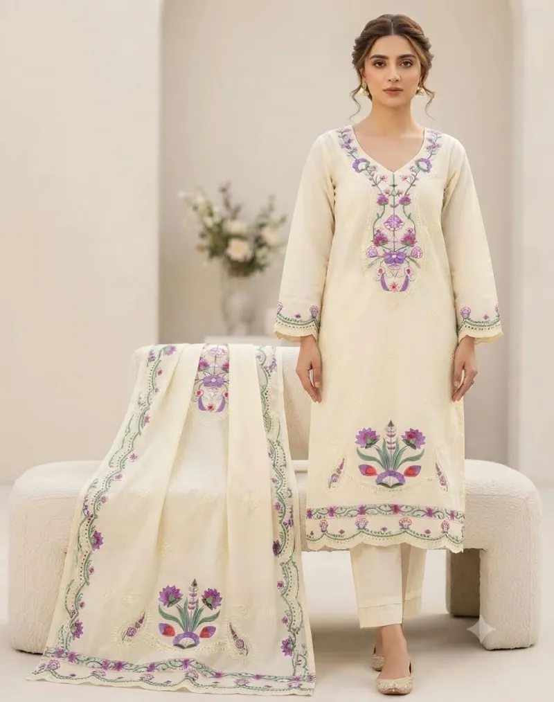Full Body Work Readymade Three Piece with Cutwork Orna, 2 Colours