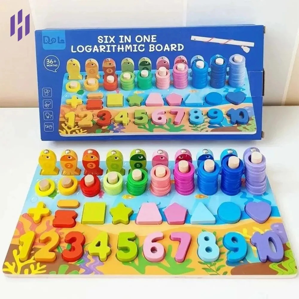 Six In One Logarithmic Board-Activity Toys- Color, Count, Fishing, Shape, Number and Basic Math