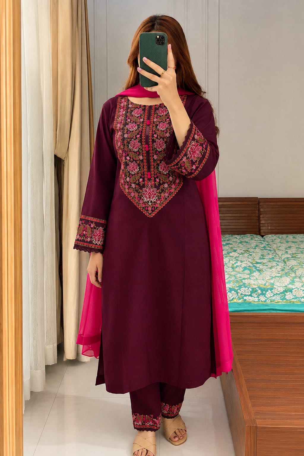 Soft Cotton Three Piece with Embroidered Salwar and Georgette Orna