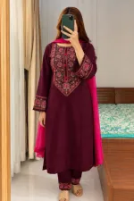 Soft Cotton Three Piece with Embroidered Salwar and Georgette Orna