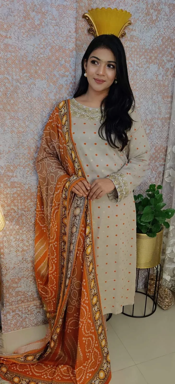 Linen Embroidery Three Piece with Screen Print and Cotton Orna