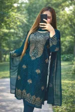 AC Cotton Three Piece with Heavy Stone Work Chiffon Orna