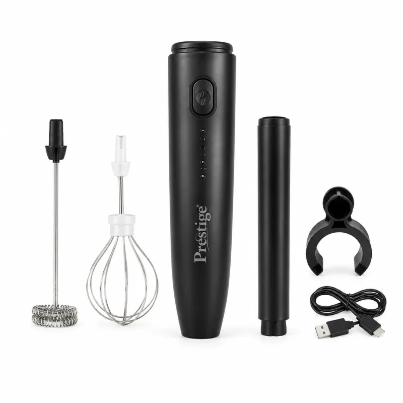 Prestige Mukt 2-in-1 Rechargeable Coffee Foamer & Milk Frother – 3-Speed Wireless Electric Handheld Whisk with Stand & Type-C Charging for Coffee, Eggs & Shakes