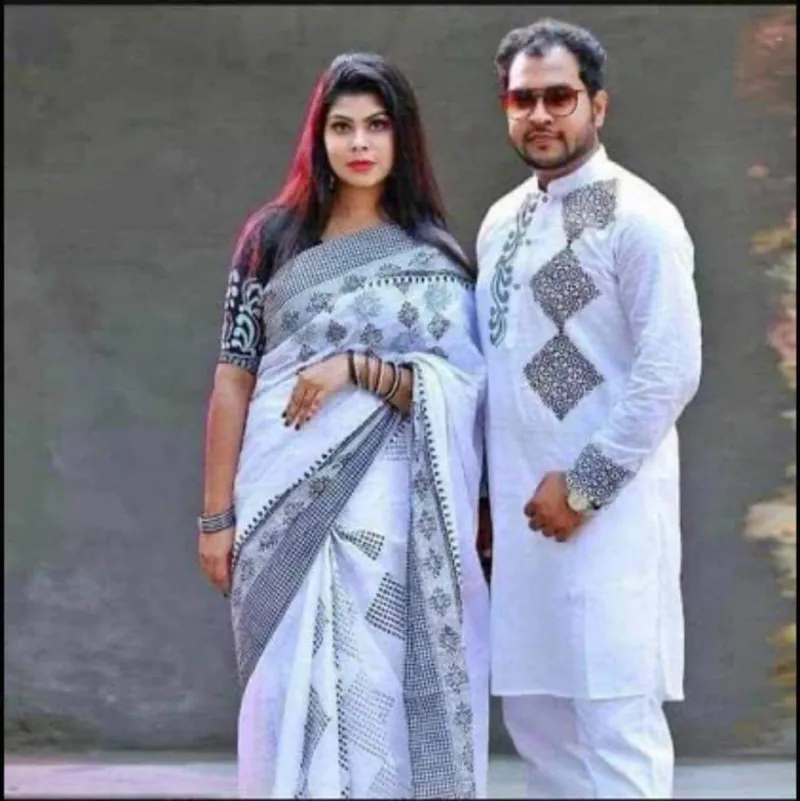 Dhupian Silk Panjabi and Half Silk Saree Set for Couples