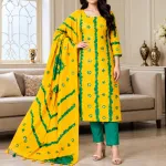 Unstitched Premium Tie-Dye & Batik Printed Cotton Three-Piece Suit - Bright Yellow & Green