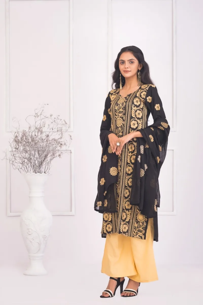 Semi-Stitched Pure AC Cotton Three Piece with Embroidery