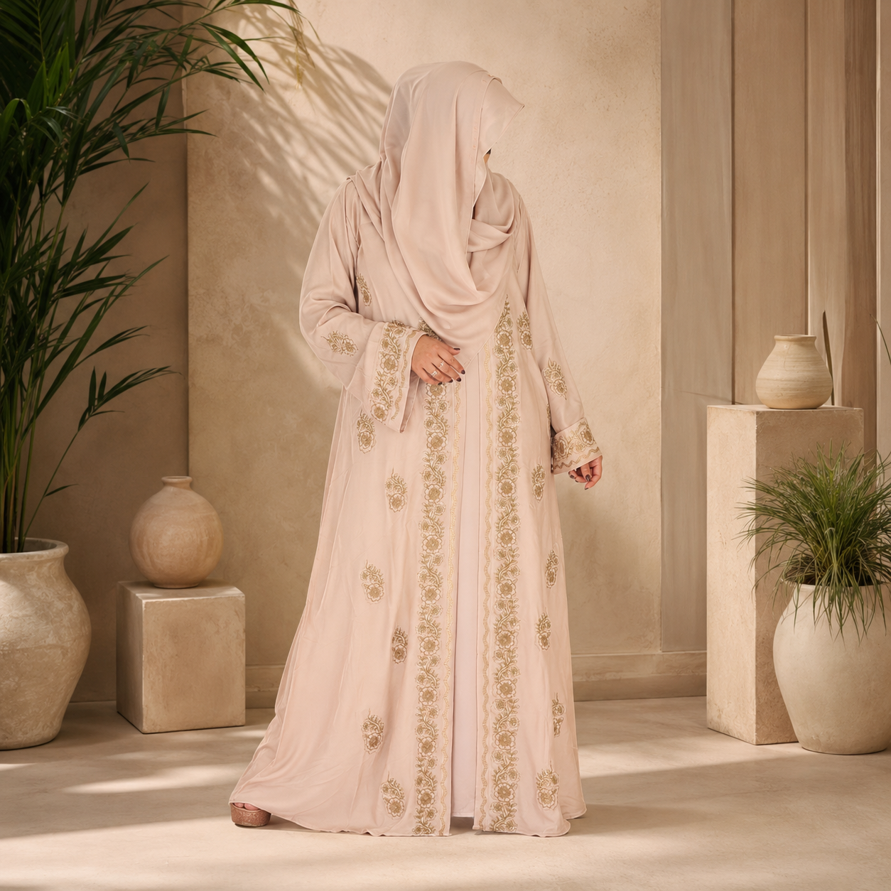 Premium Zafran Felix Luxury Abaya with Embroidery & Stone Work | Matching Hijab & Adjustable Inner | Modest Fashion Light Peach