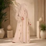 Premium Zafran Felix Luxury Abaya with Embroidery & Stone Work | Matching Hijab & Adjustable Inner | Modest Fashion Light Peach