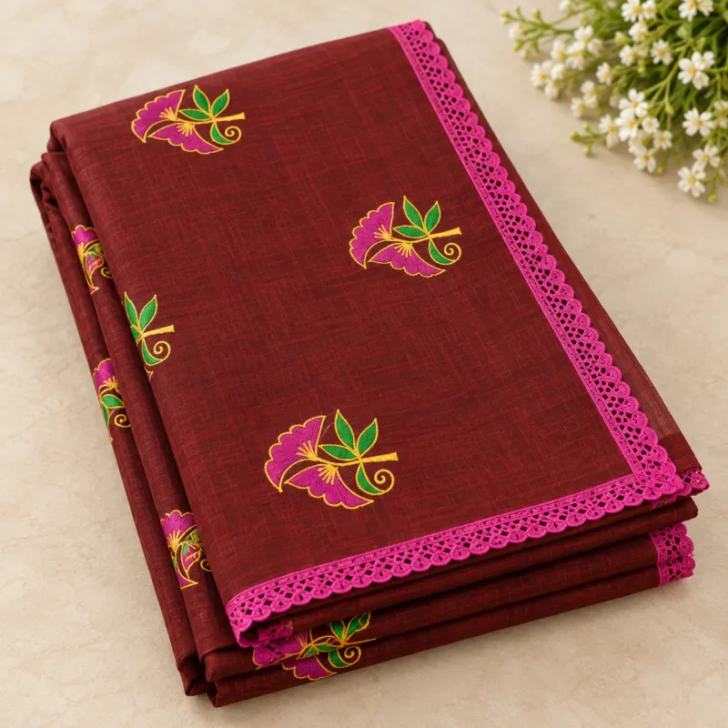 Deep Maroon Cotton Saree with Embroidery & Pink Lace Border