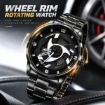 360° Rotating Car Wheel Rim Quartz Watch – Matte Black Metal Sports Wristwatch