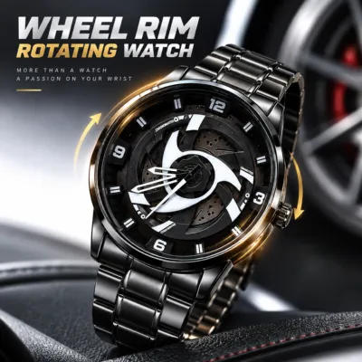 360° Rotating Car Wheel Rim Quartz Watch – Matte Black Metal Sports Wristwatch