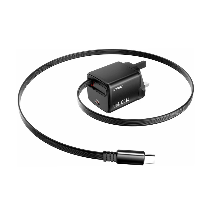 Bwoo BO-CDA232 65W GaN Charger with Retractable USB-C Cable Black (UK)