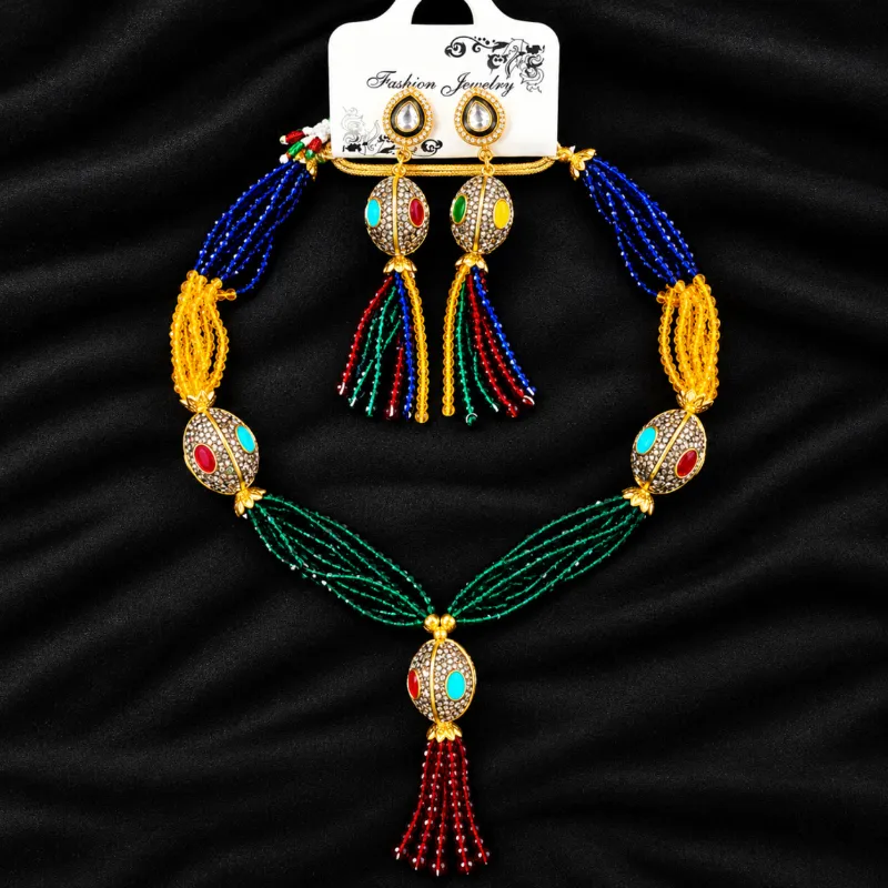 Premium Multicolor Turkish Crystal & Antique Ball Necklace Set