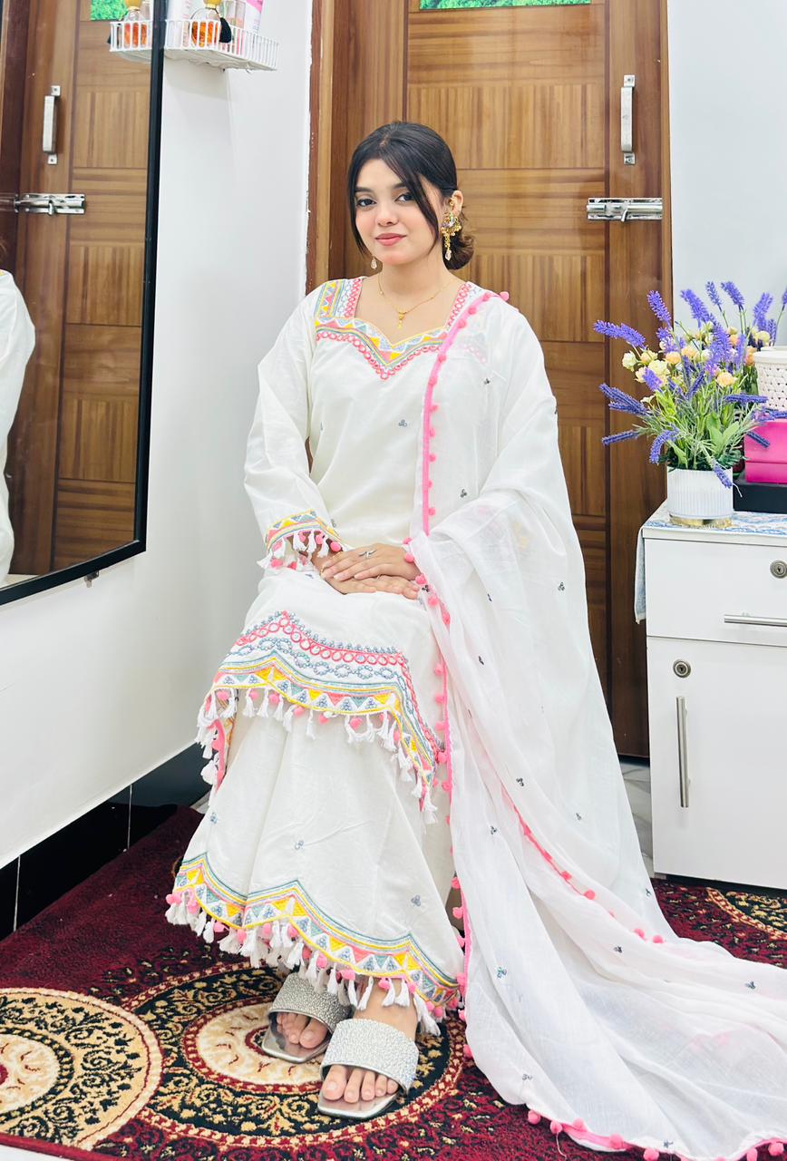 Cotton Sequin Embroidery Garara Set with Cotton Orna, 40 Inch