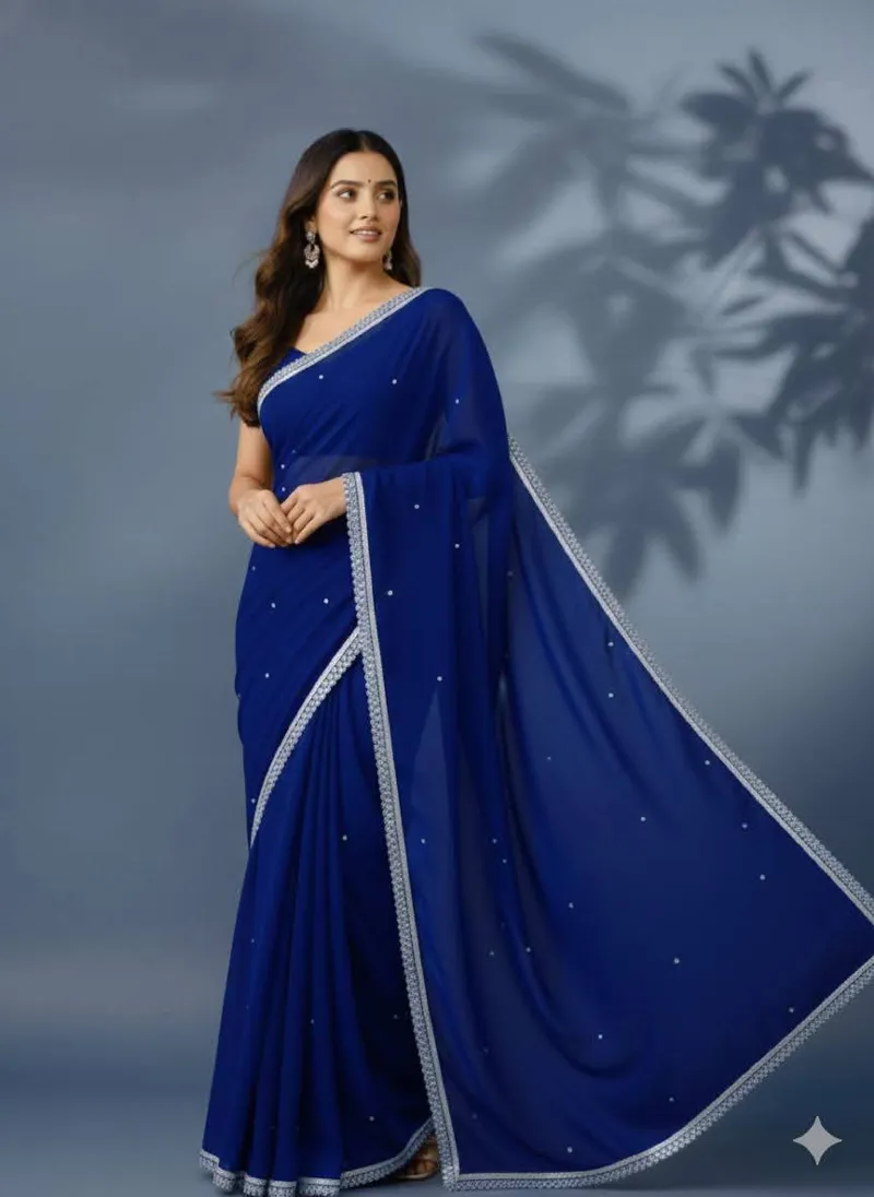Georgette Saree with Stone Work and Lace, Matching Blouse